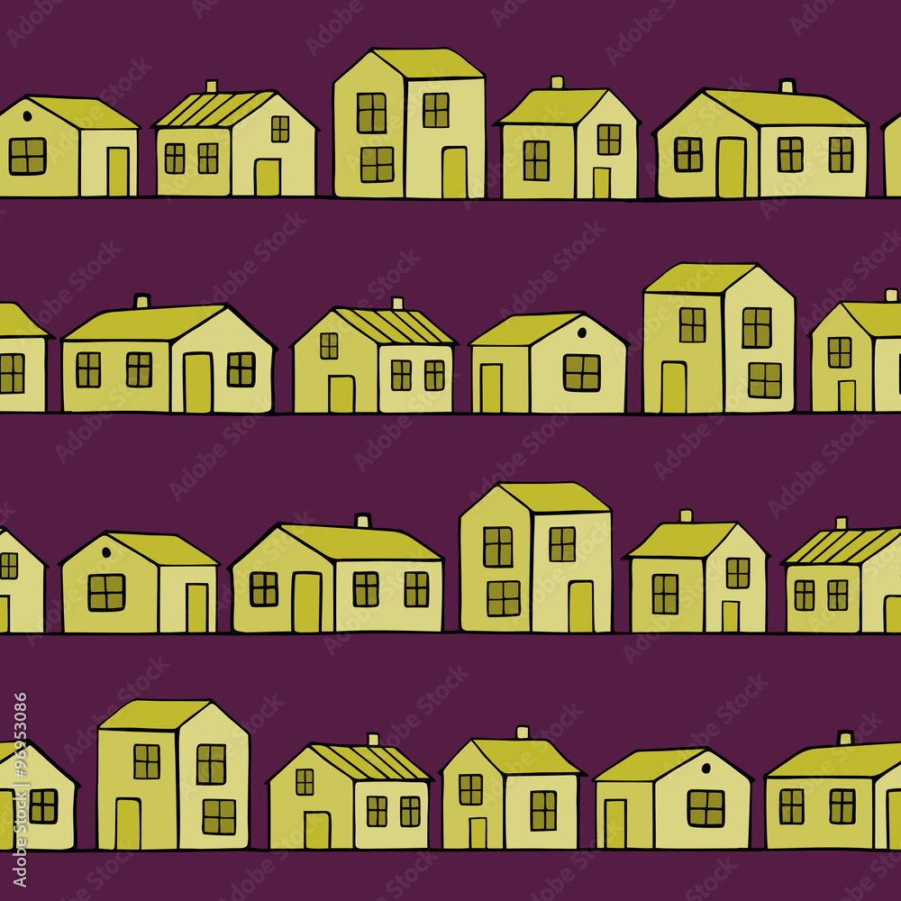 Cute small yellow houses. Vector seamless pattern
