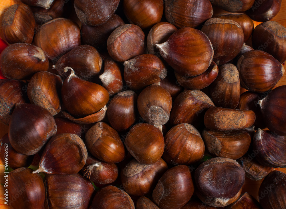 Group of chestnuts illuminated by a light side. Autumn background Group of chestnuts illuminated by a light side. Autumn background