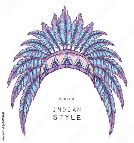 Native American Indian colored chief. Red and black roach. Indian feather headdress of eagle.