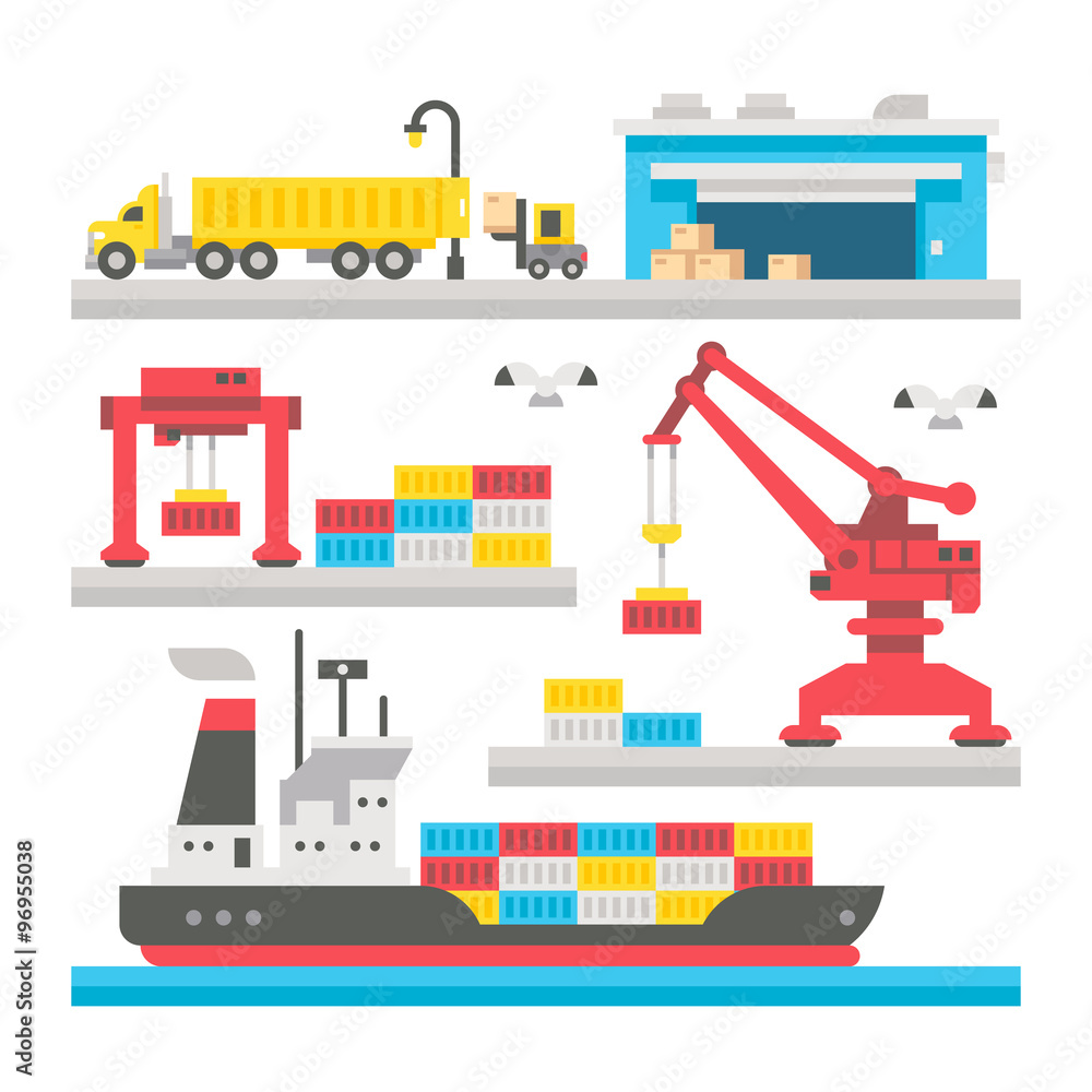 Flat design cargo port equipment - obrazy, fototapety, plakaty 