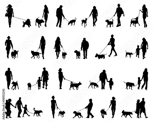 Black silhouettes of people with dog, vector