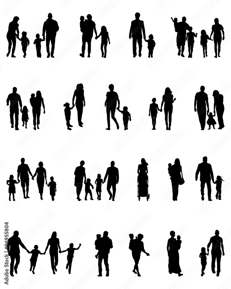 Black silhouettes of families in walk, vector Black silhouettes of families in walk, vector