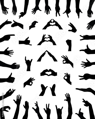 Black silhouettes of various positions of hands, vector