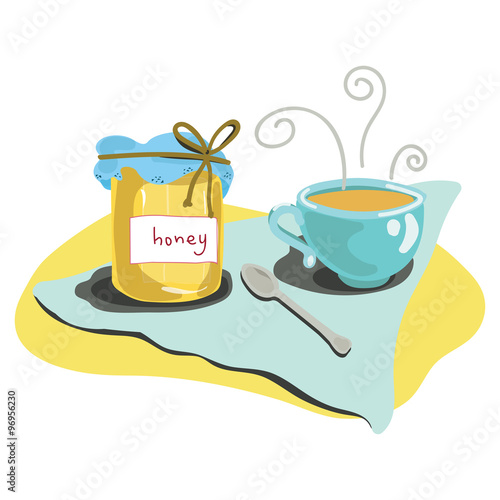Tea cup with honey jar isolated on white