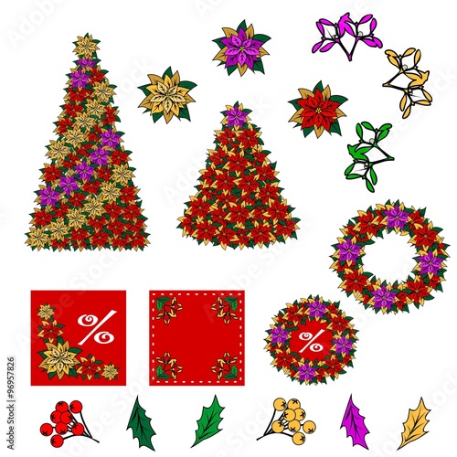 Collection of Christmas images. Christmas drawings. You can create your own Christmas card of the added components. Star, Christmas flower, tree, mistletoe, leaves, berries.