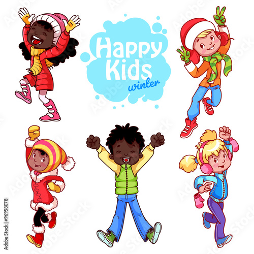 Very happy kids in winter clothes.