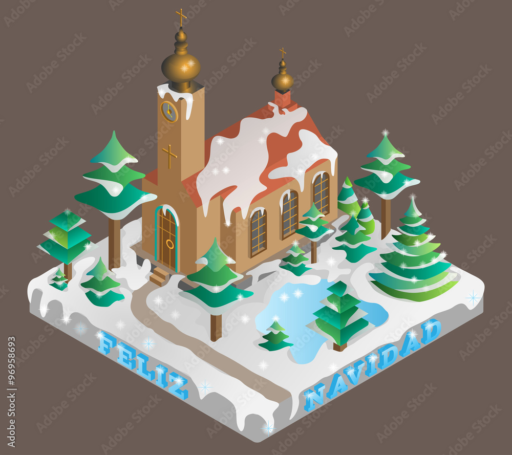 Church in winter time. Isometriv view.Vector illustration. Church in winter time. Isometriv view.Vector illustration.
