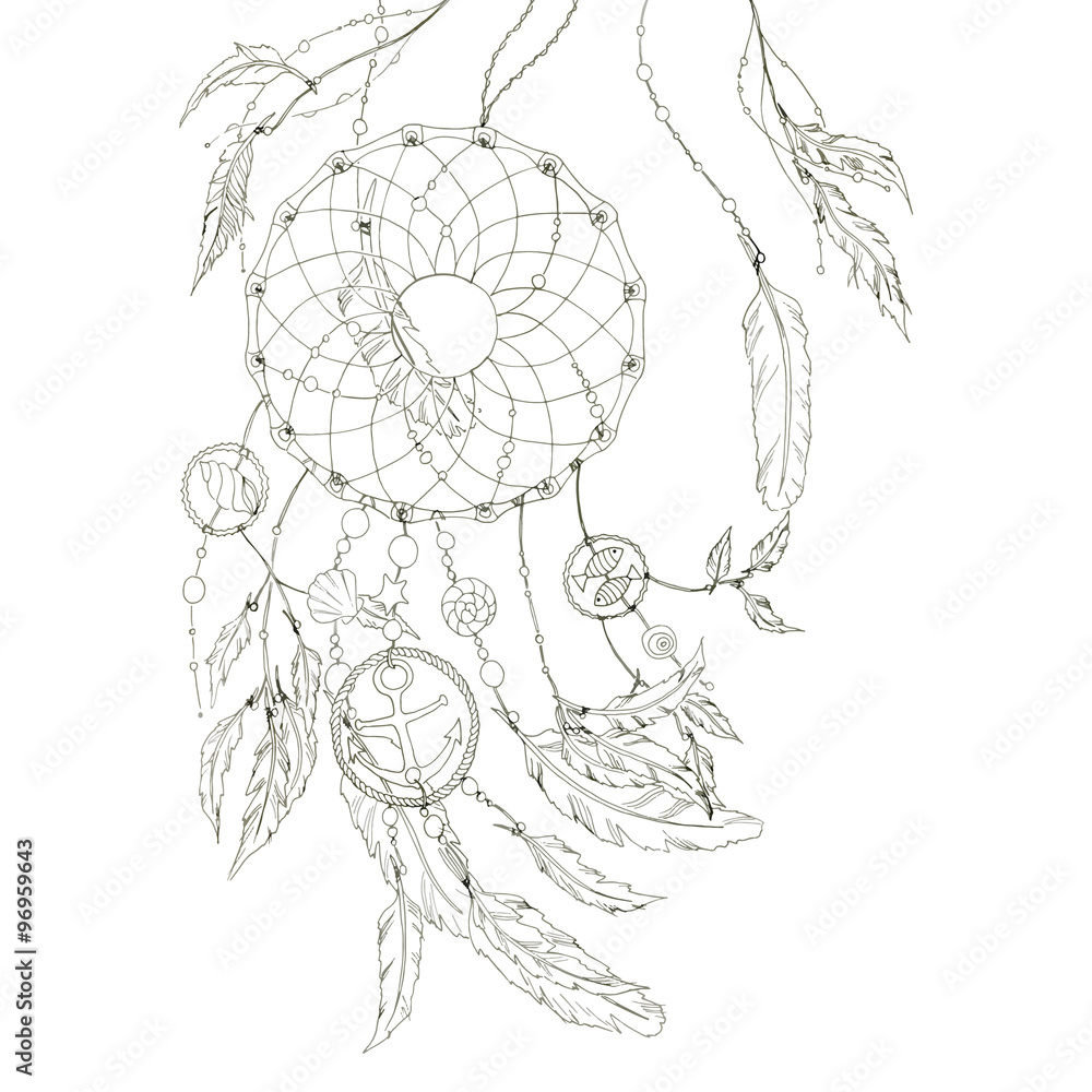 Dream catcher with items from the sea and feathers. Vector. Dream catcher with items from the sea and feathers. Vector.
