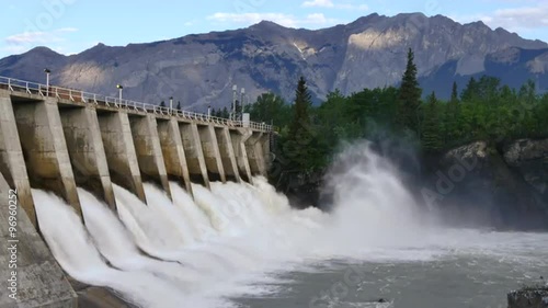 Hydroelectric power dam, wide shot, Kananaskis Dam on the Bow River, Alberta, Canada