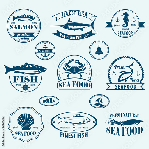 seafood retro emblems and labels set