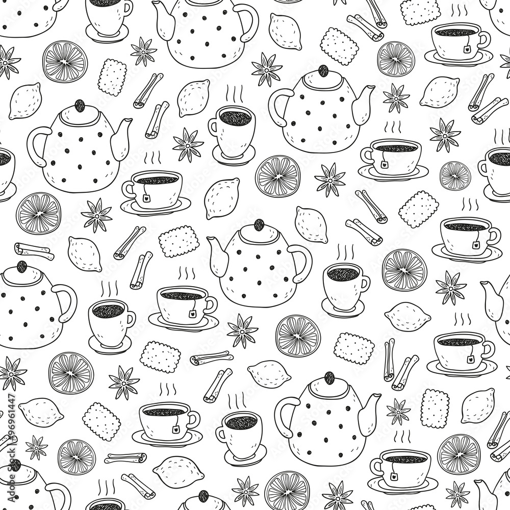 vector hand drawn seamless pattern with tea set vector hand drawn seamless pattern with tea set
