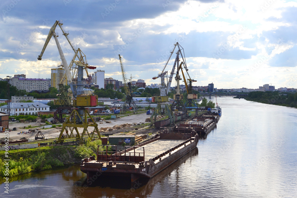 River port on the Tura River in Tyumen, Russia