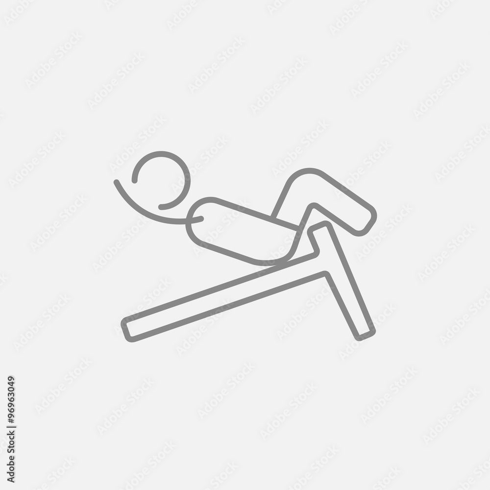 Man doing crunches on incline bench line icon. Man doing crunches on incline bench line icon.