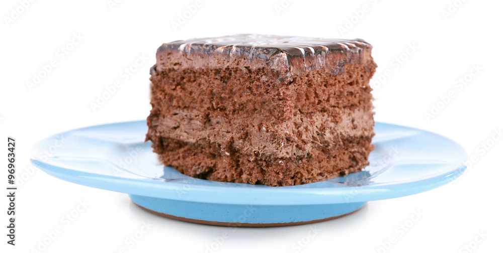 Sweet chocolate cake on blue plate isolated on white background Sweet chocolate cake on blue plate isolated on white background
