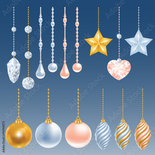 Set of different christmas decorations. Perl, diamond, christmas balls, heart, stars. Vector illustration.