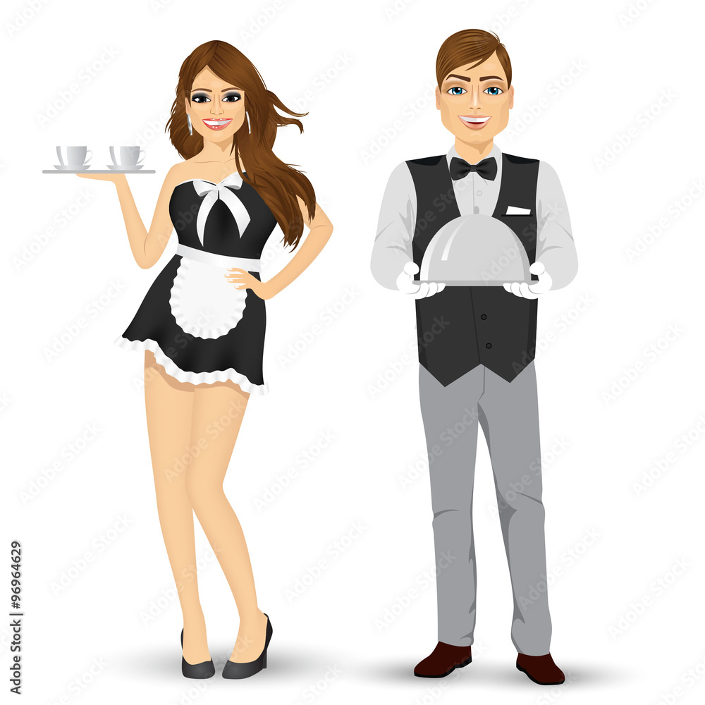 butler holding silver tray and maid serving coffee butler holding silver tray and maid serving coffee