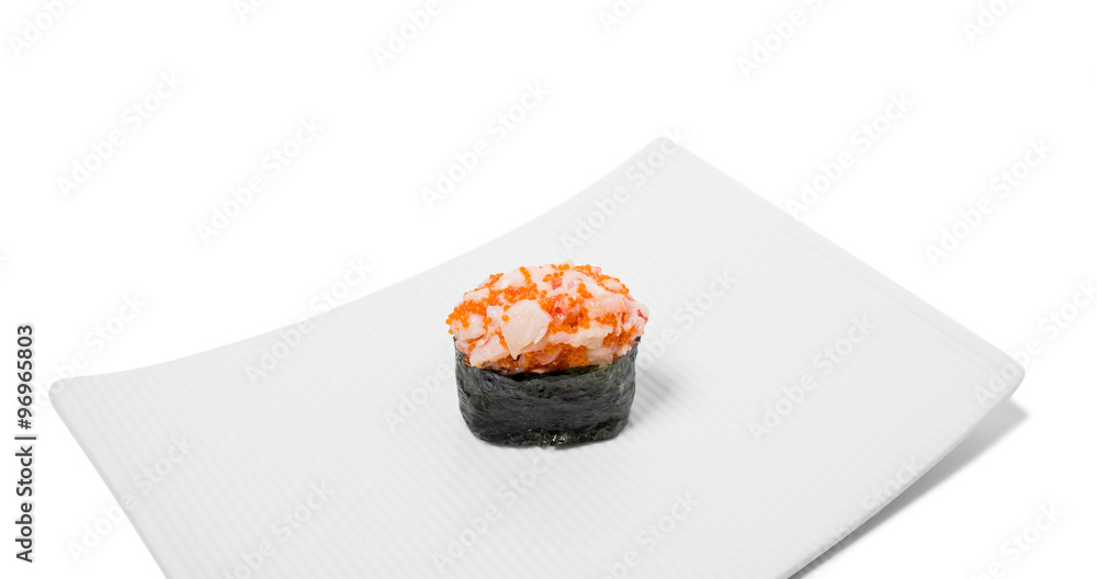 Gunkan sushi with snow crab. Gunkan sushi with snow crab.