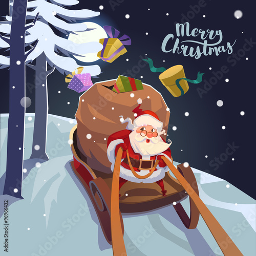 Santa Claus in a sleigh with presents in a hurry for the holiday. Christmas greeting card poster. Vector.