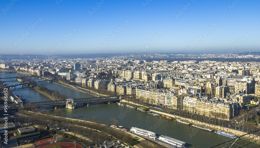View from Eiffel Tower on river and city of Paris