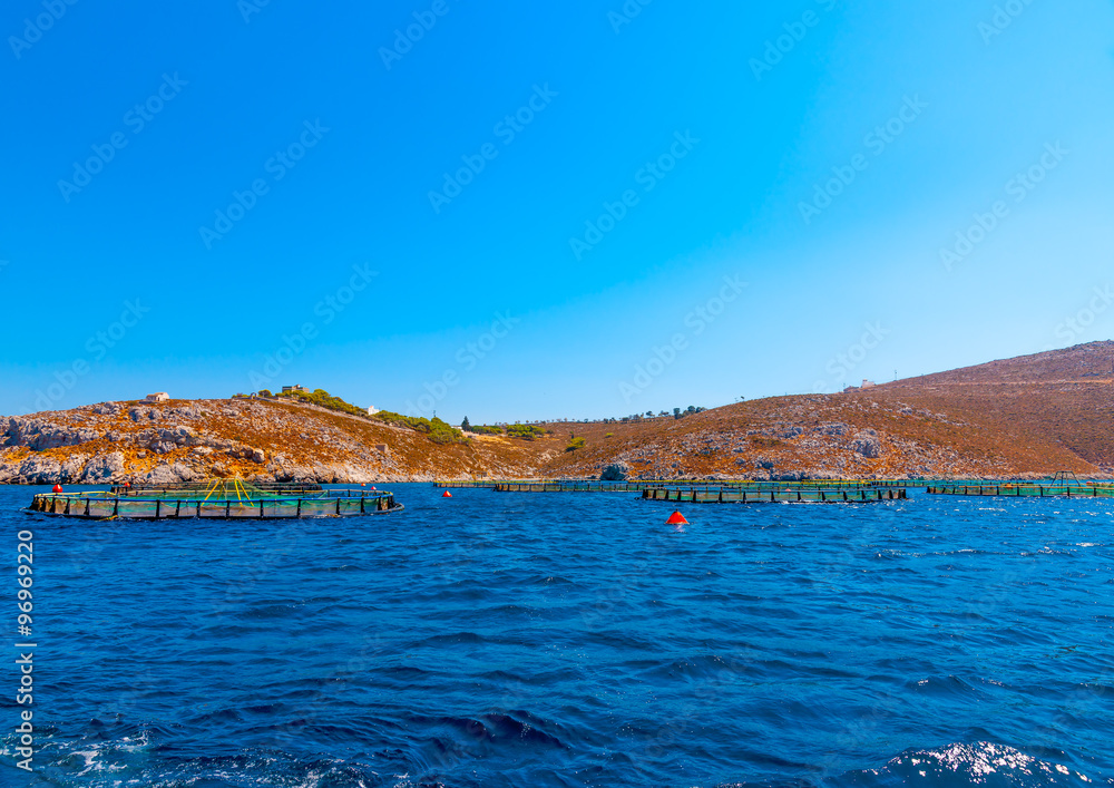 fishing farm out of the Vathi village in Kalymnos island in Greece