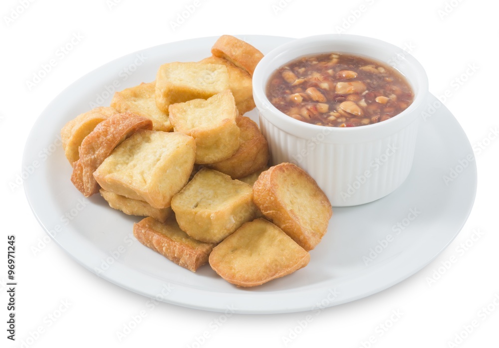 Fried Tofu Bubble With Sweet Sauce on White Background Fried Tofu Bubble With Sweet Sauce on White Background