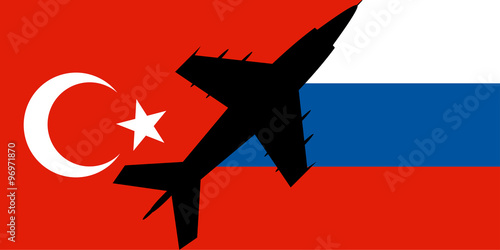 military aircraft against a background of Russian and Turkish flags