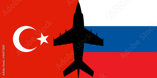 military aircraft against a background of Russian and Turkish flags