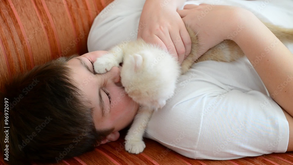 Teenage boy playing with a kitten on couch Teenage boy playing with a kitten on couch
