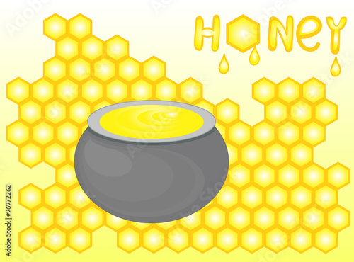 Food and drink vector background with honey pot, bright yellow honeycombs, and handwritten word "Honey"