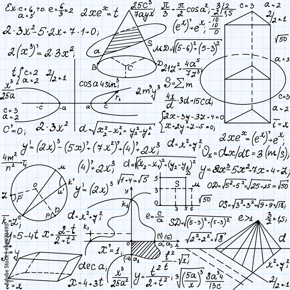 Science vector seamless pattern with formulas, plots, equations, figures,  mathematical calculations, "handwritten on a copybook paper" Stock Vector |  Adobe Stock