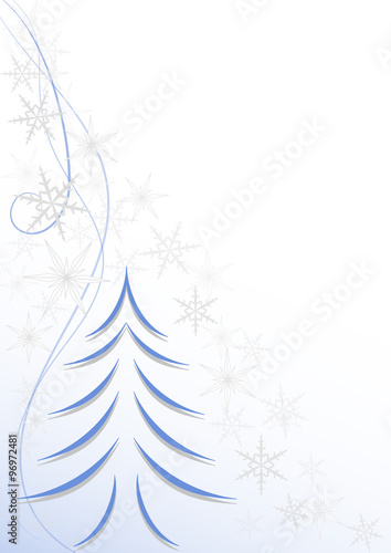 sfondo verticale azzurro albero di natale e fiocchi di neve