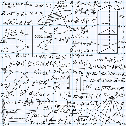 Science vector seamless pattern with formulas, plots, equations, figures, mathematical calculations, "handwritten on a copybook paper"