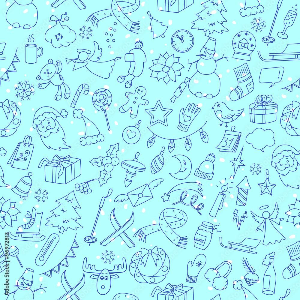 Seamless background with simple hand-drawn icons on the theme of winter holidays, blue outline on a blue background Seamless background with simple hand-drawn icons on the theme of winter holidays, blue outline on a blue background