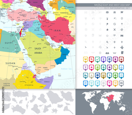 Political Map Of Middle East And Asia With A Square Flat Icons