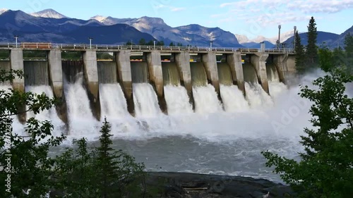 Hydroelectric power dam, wide shot, Kananaskis Dam on the Bow River, Alberta, Canada