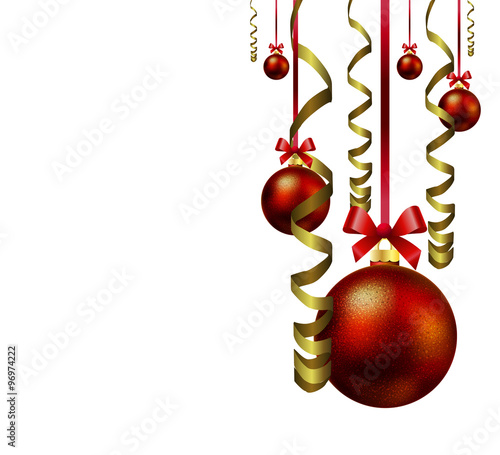 Hanging Christmas balls with festive ribbons