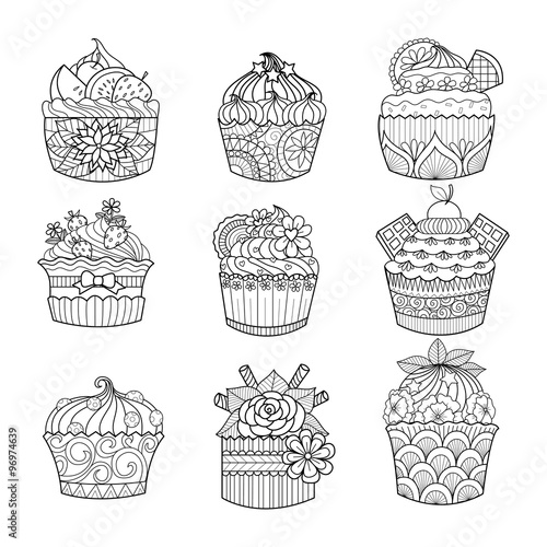 Hand drawn cupcakes for coloring book for adult
