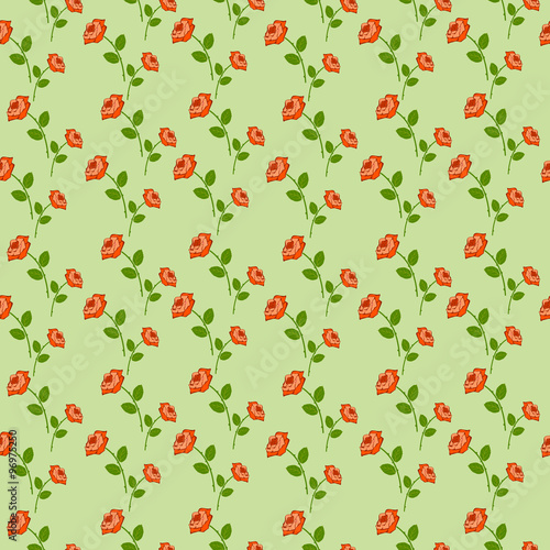 Seamless vector pattern, floral symmetrical background with roses over green backdrop.