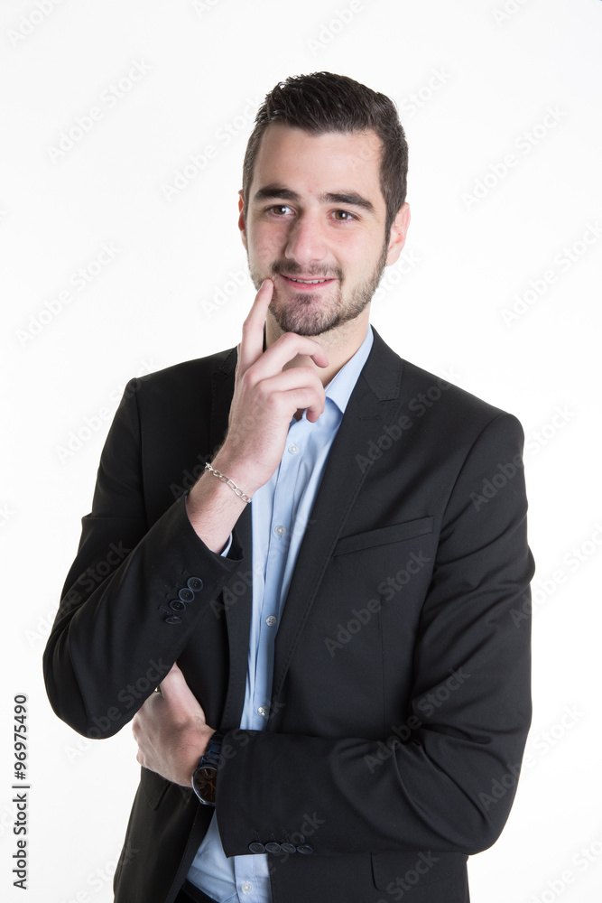 Young handsome man in black suit looking at copy-space thinking Young handsome man in black suit looking at copy-space thinking