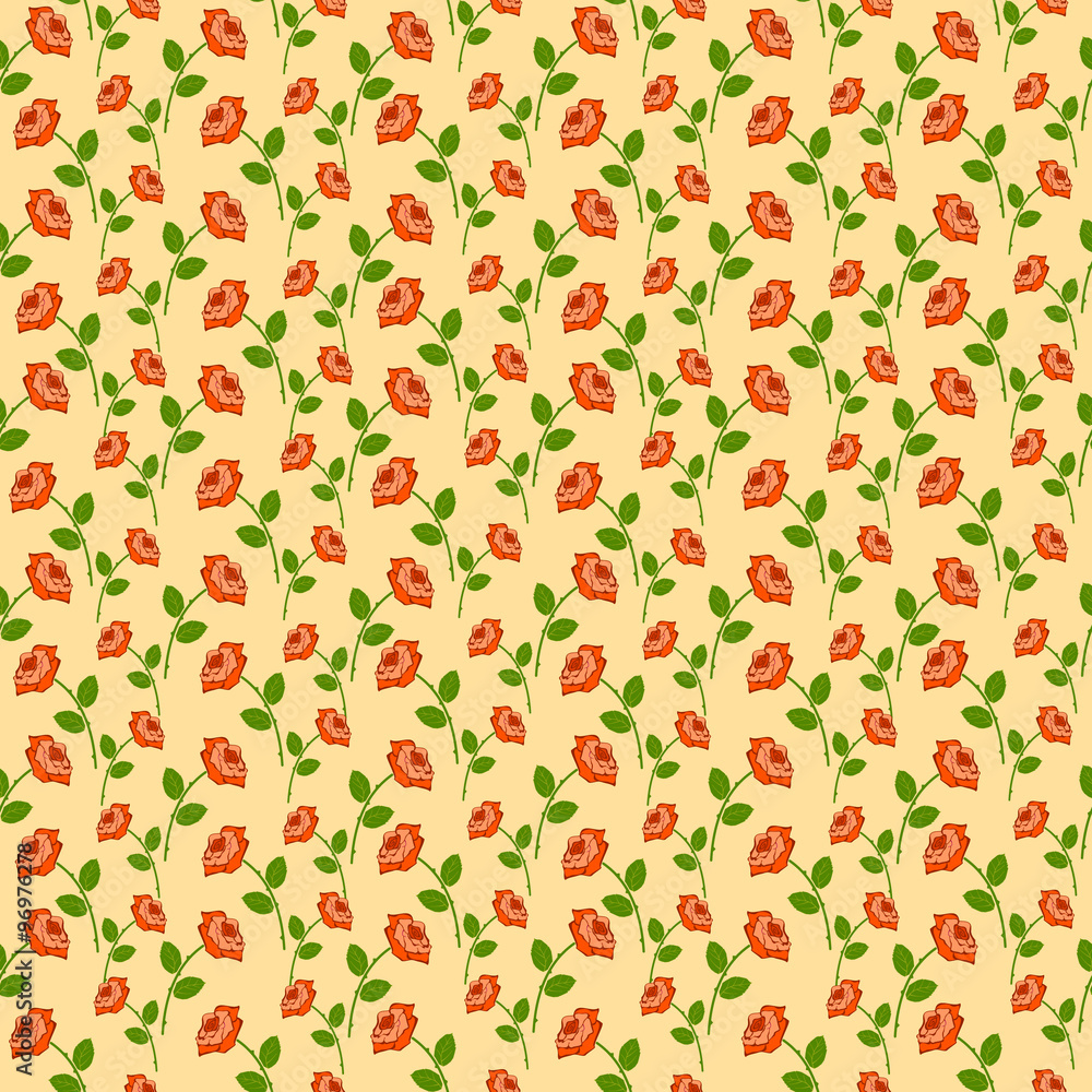 Seamless vector pattern, floral symmetrical background with roses over green backdrop.