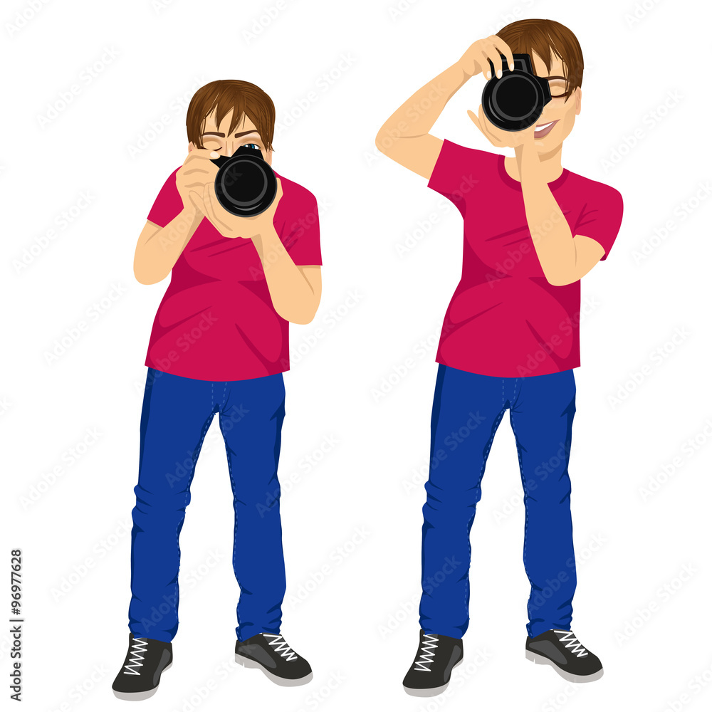 photographer man taking photos in two different poses photographer man taking photos in two different poses