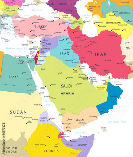Political Map of the Middle East And Asia Isolated On White