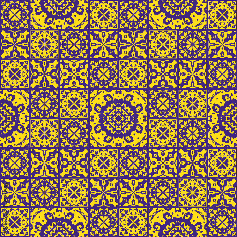 Vector seamless background of tiles decorated with patterns. Stylized flowers, geometric shapes. Yellow and purple abstract tile. Vector seamless background of tiles decorated with patterns. Stylized flowers, geometric shapes. Yellow and purple abstract tile.