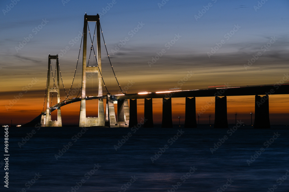 Sunset behind Storebælt bridge