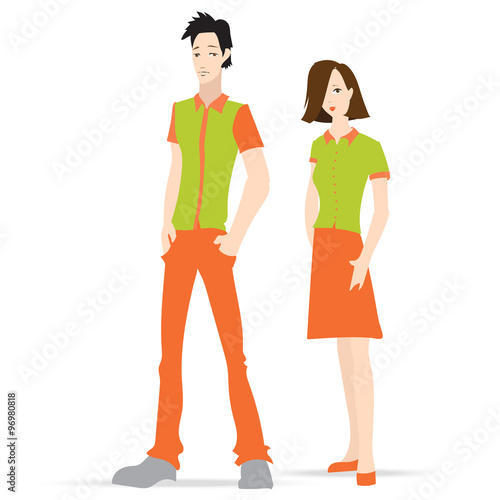 Clothing pattern polo shirt, model man and woman, clothing for the corporate staff, the store cashier, vector