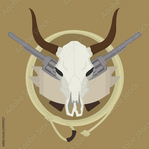 Wild west cow skull, pistols, ribbon, lasso emblem