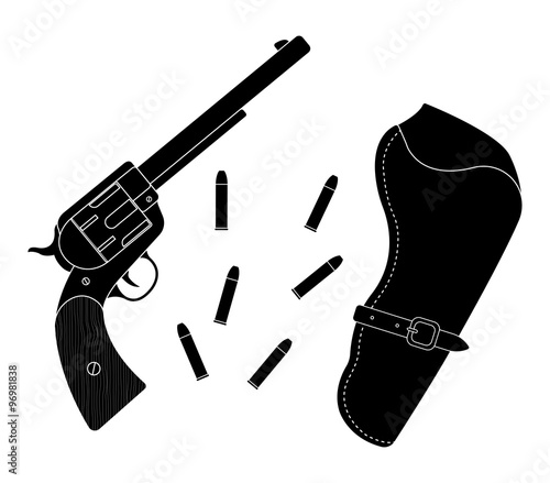 Wild west wood handle revolver with holster and bullets. Black