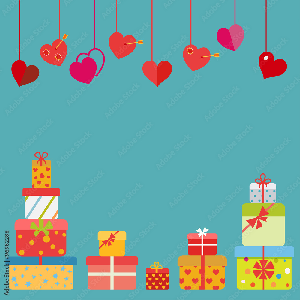 Hanging hearts and gift boxes. Flat design