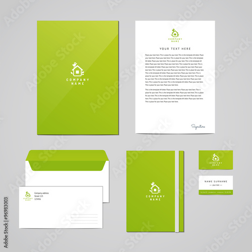 Corporate identity eco design template. Documentation for business (folder, letterhead, envelope, notebook and business card). Logo with bird and house with leaves. Perfect for your business.