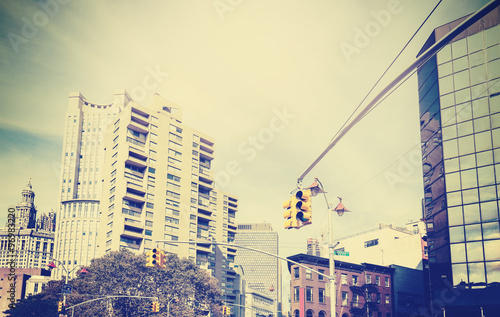 Cross processed grunge style photo of street in New York, USA.